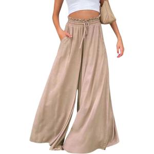 imageCHARTOU Women Elastic Waist Wide Leg Palazzo Pants Flowy Beach Pants Lounge Trousers Flared Pants CulottesKhaki