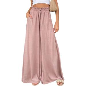 imageCHARTOU Women Elastic Waist Wide Leg Palazzo Pants Flowy Beach Pants Lounge Trousers Flared Pants CulottesPink
