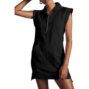 imageCHARTOU Women Plain Half Zip Sweatshirt Dress Sleeveless Hoodie Mini Dress Summer Casual V Neck Tunic Dress PocketBlack