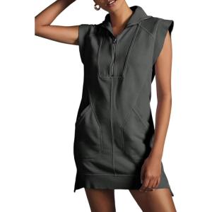 imageCHARTOU Women Plain Half Zip Sweatshirt Dress Sleeveless Hoodie Mini Dress Summer Casual V Neck Tunic Dress PocketDark Grey