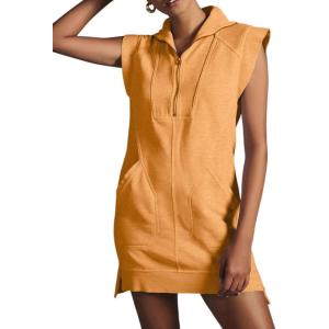 imageCHARTOU Women Plain Half Zip Sweatshirt Dress Sleeveless Hoodie Mini Dress Summer Casual V Neck Tunic Dress PocketOrange