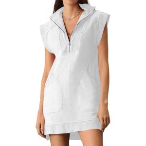 imageCHARTOU Women Plain Half Zip Sweatshirt Dress Sleeveless Hoodie Mini Dress Summer Casual V Neck Tunic Dress PocketWhite