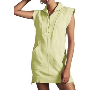 imageCHARTOU Women Plain Half Zip Sweatshirt Dress Sleeveless Hoodie Mini Dress Summer Casual V Neck Tunic Dress PocketYellow