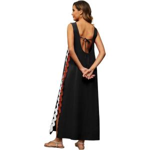 imageCHARTOU Women RIC Rac Open Back Beach Boho Long Summer Sleeveless Tank Dress with PocketsBlack