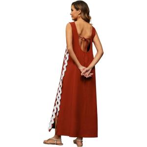 imageCHARTOU Women RIC Rac Open Back Beach Boho Long Summer Sleeveless Tank Dress with PocketsBrown