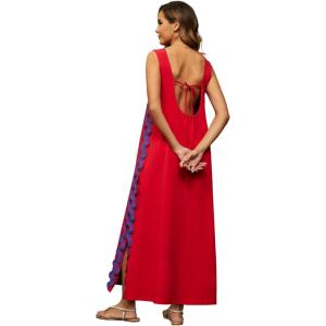 imageCHARTOU Women RIC Rac Open Back Beach Boho Long Summer Sleeveless Tank Dress with PocketsRed