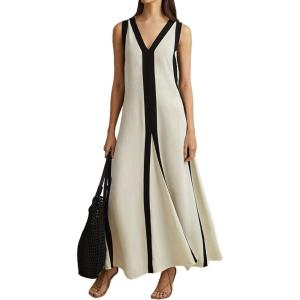 imageCHARTOU Women Summer Contrast Trim Long Dress Reversible V Neck Sleeveless Flowy DressBeige