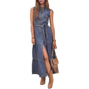 imageCHARTOU Women Summer Sleeveless Tiered Denim Maxi Dress Collared V Neck Button Down Long Dress with BeltBlue