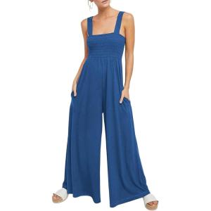 imageCHARTOU Womens Comfy Sleeveless Ruched Smock High Waist WideLeg Palazzo Pants JumpsuitBlue