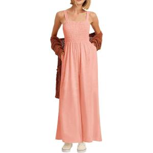 imageCHARTOU Womens Comfy Sleeveless Ruched Smock High Waist WideLeg Palazzo Pants JumpsuitPink