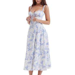 imageCHARTOU Womens Spaghetti Strap Midi Dress Sleeveless Square Neck Dress Floral Split Cottagecore DressBlue Floral
