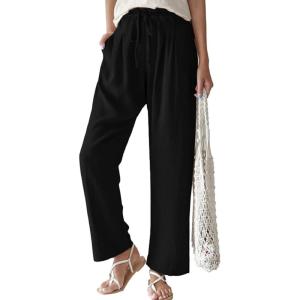 imageCHARTOU Womens Spring Drawstring Waist Loose Fit Cotton Straight Leg Palazzo Beach PantsBlack