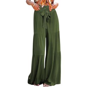 imageCHARTOU Womens Tie Knot High Waist Wide Leg Lounge Pants Tiered Beach Flowy Flare Pants PalazzoArmy Green