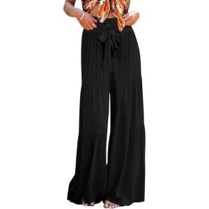 imageCHARTOU Womens Tie Knot High Waist Wide Leg Lounge Pants Tiered Beach Flowy Flare Pants PalazzoBlack