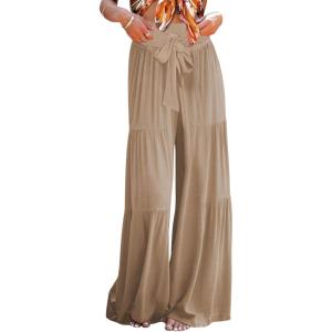 imageCHARTOU Womens Tie Knot High Waist Wide Leg Lounge Pants Tiered Beach Flowy Flare Pants PalazzoKhaki