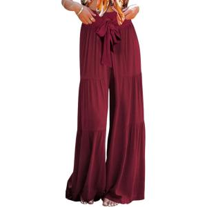imageCHARTOU Womens Tie Knot High Waist Wide Leg Lounge Pants Tiered Beach Flowy Flare Pants PalazzoWine Red
