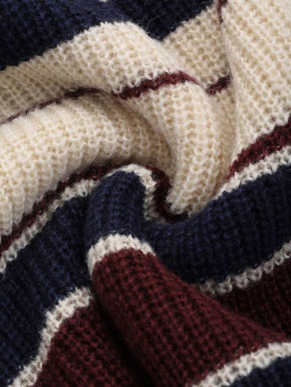 imageCHARTOU Women Color Block Sweater Preppy Style Chunky Knit Striped Pullover SweaterBlue