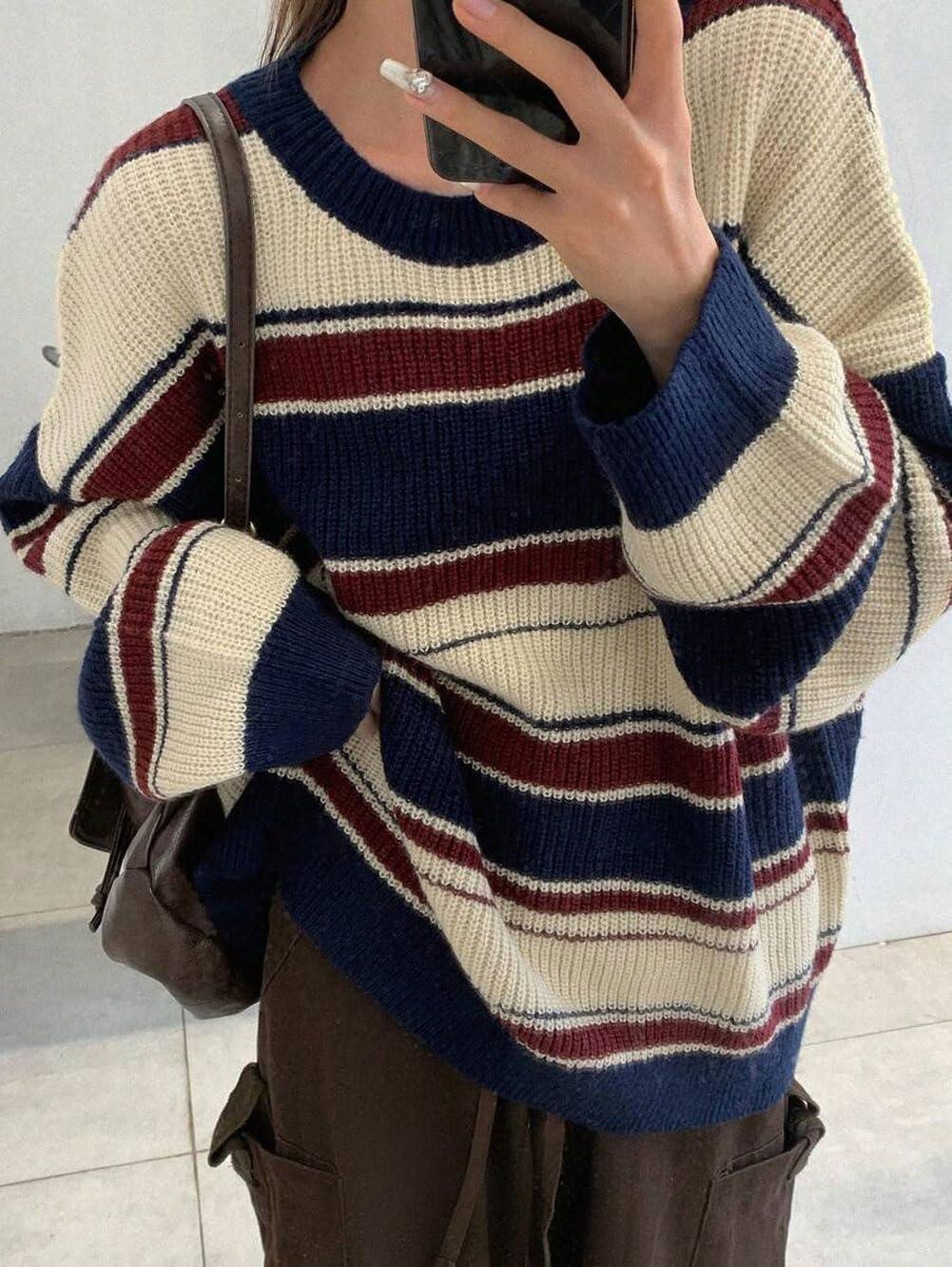 imageCHARTOU Women Color Block Sweater Preppy Style Chunky Knit Striped Pullover SweaterBlue
