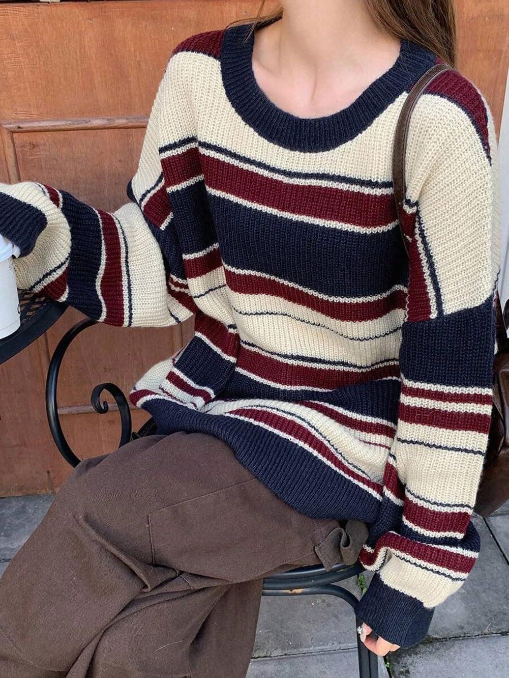 imageCHARTOU Women Color Block Sweater Preppy Style Chunky Knit Striped Pullover SweaterBlue