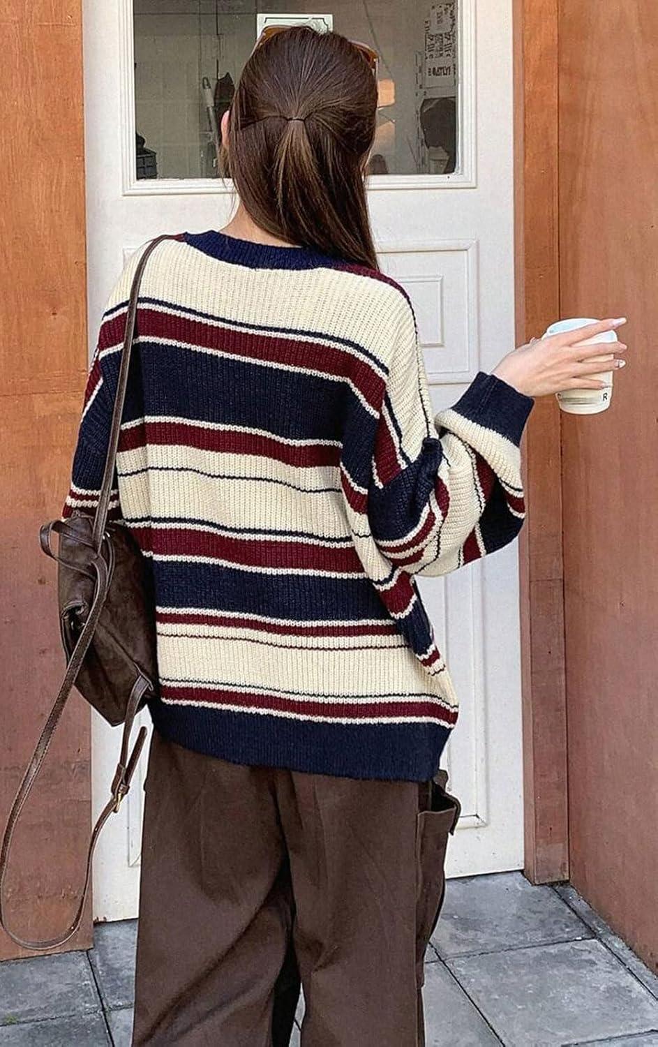 imageCHARTOU Women Color Block Sweater Preppy Style Chunky Knit Striped Pullover SweaterBlue