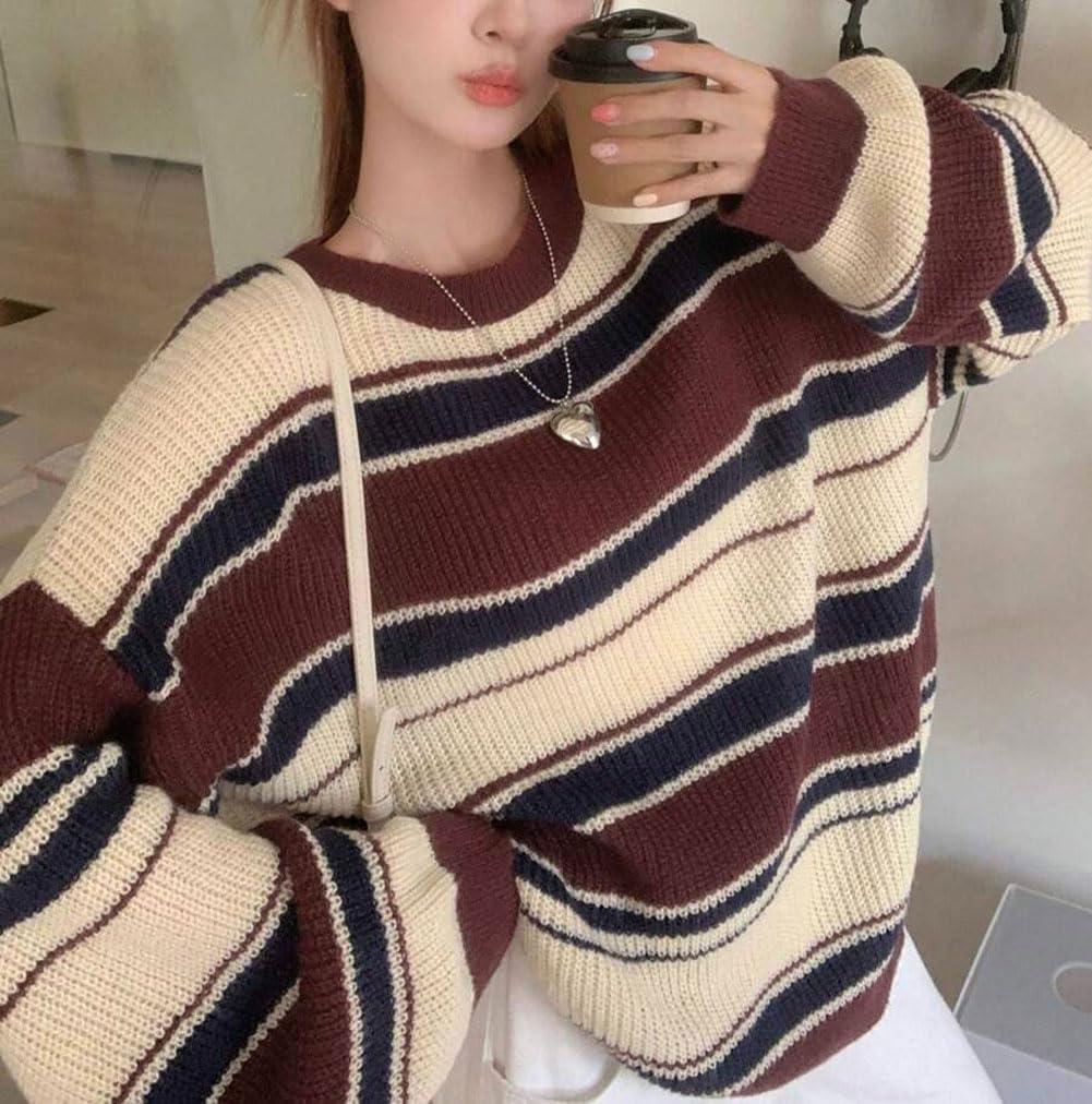 imageCHARTOU Women Color Block Sweater Preppy Style Chunky Knit Striped Pullover SweaterCoffee