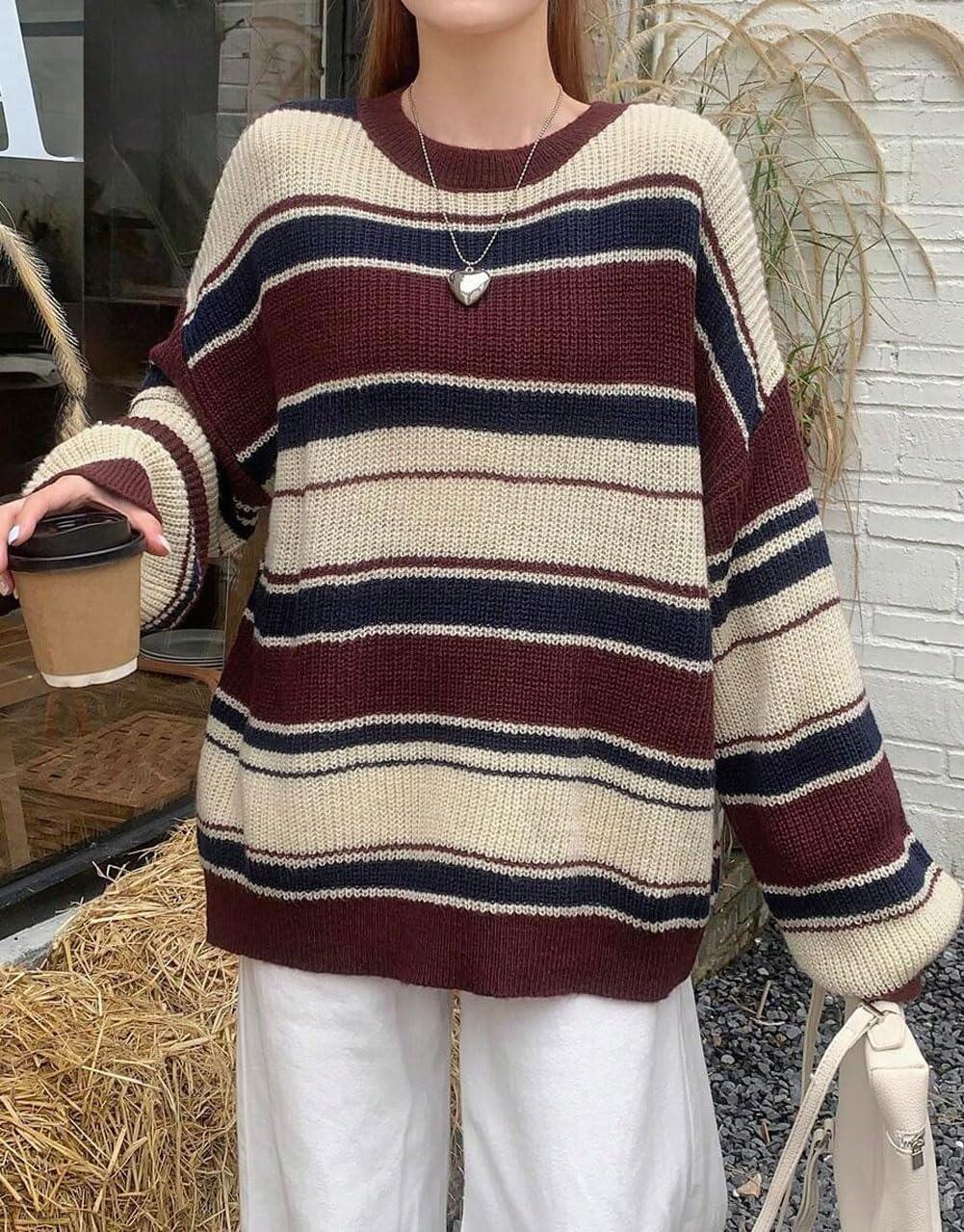 imageCHARTOU Women Color Block Sweater Preppy Style Chunky Knit Striped Pullover SweaterCoffee