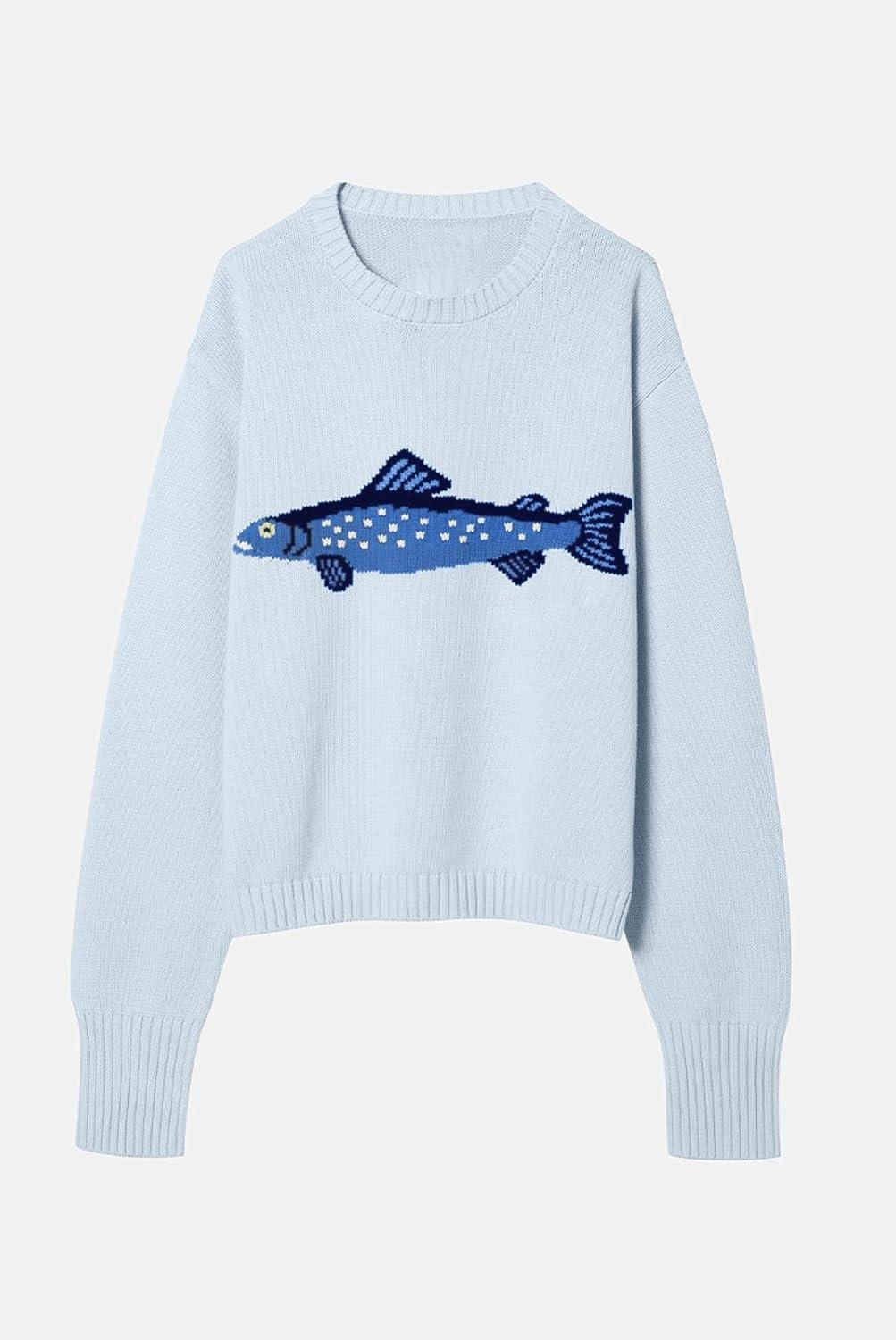 imageCHARTOU Women Fashion Crew Neck Rib Knit Crucian Carp Graphic Oversized Y2k Pullover Sweater JumperLight Blue