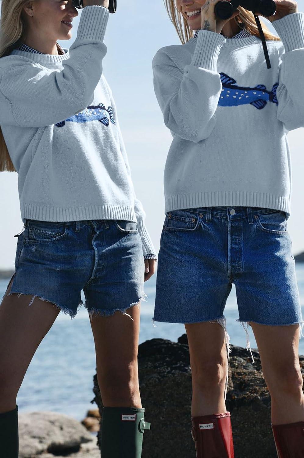 imageCHARTOU Women Fashion Crew Neck Rib Knit Crucian Carp Graphic Oversized Y2k Pullover Sweater JumperLight Blue