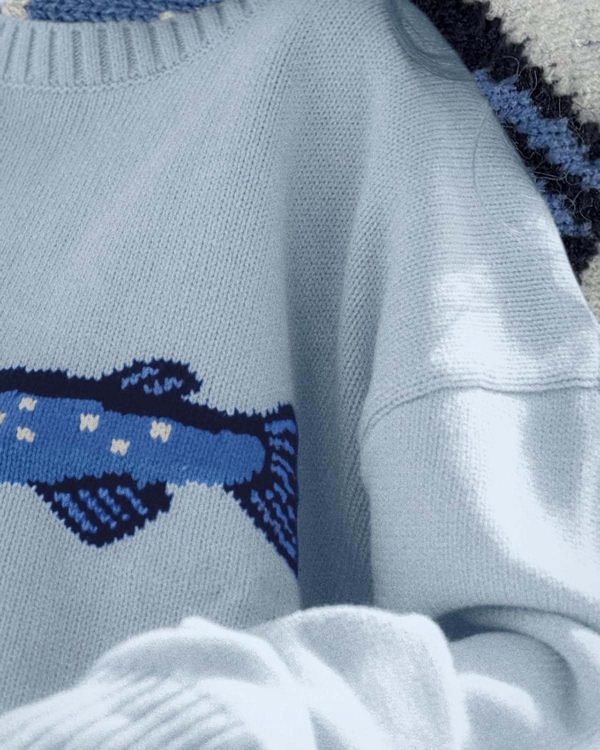 imageCHARTOU Women Fashion Crew Neck Rib Knit Crucian Carp Graphic Oversized Y2k Pullover Sweater JumperLight Blue