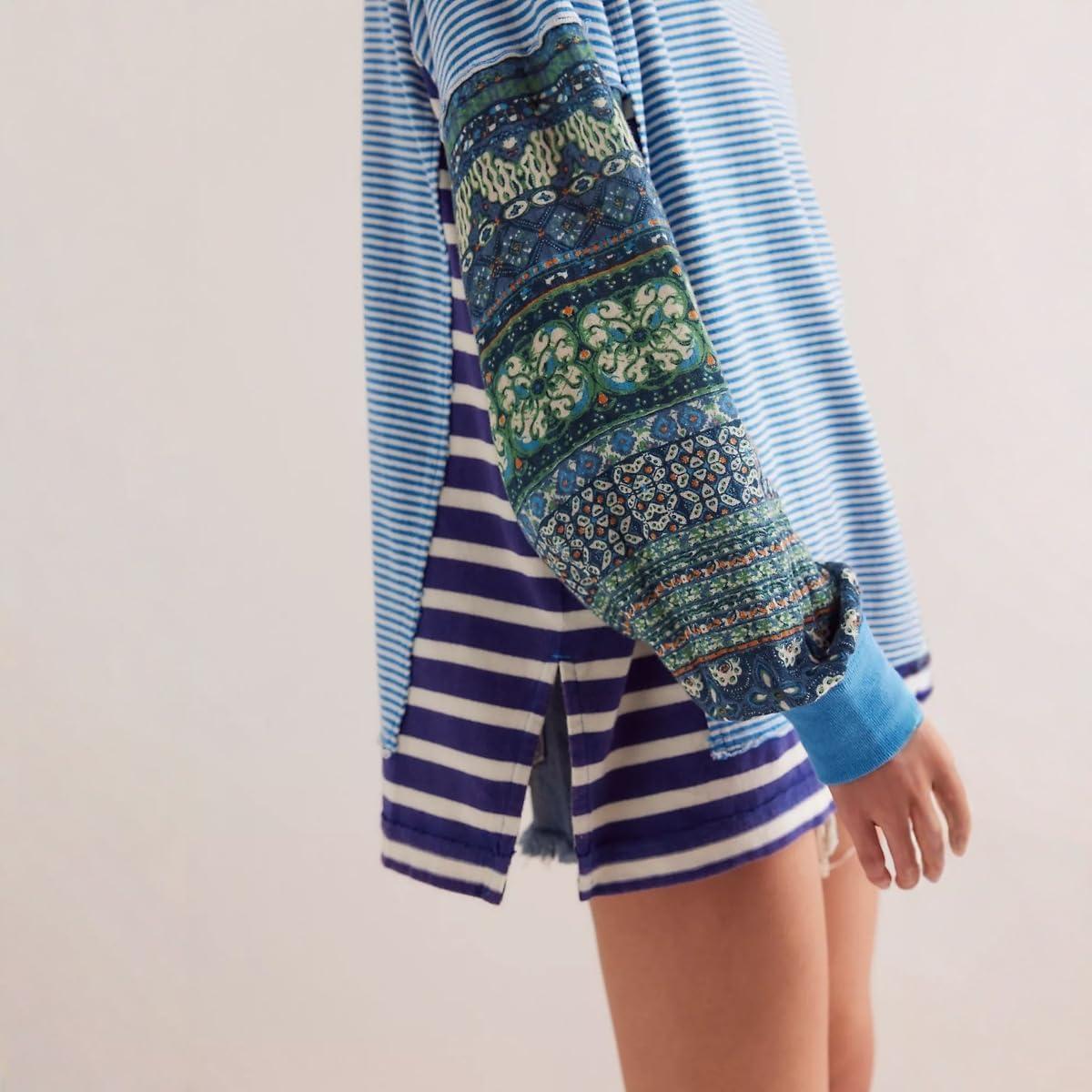 imageCHARTOU Women Floral Boho Stripes Patchwork Pullover Sweatshirt Oversized Long Sleeve Lightweight Sweatshirt TopBlue