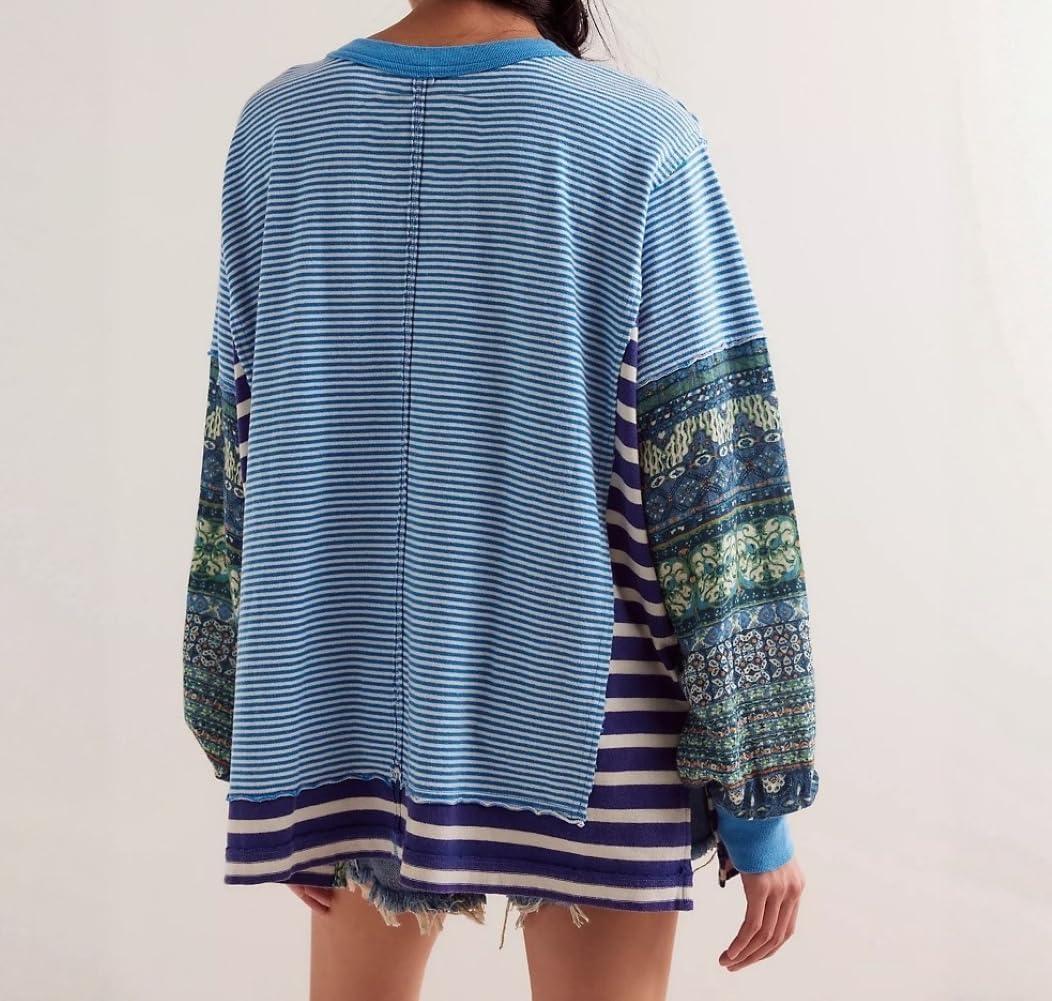 imageCHARTOU Women Floral Boho Stripes Patchwork Pullover Sweatshirt Oversized Long Sleeve Lightweight Sweatshirt TopBlue