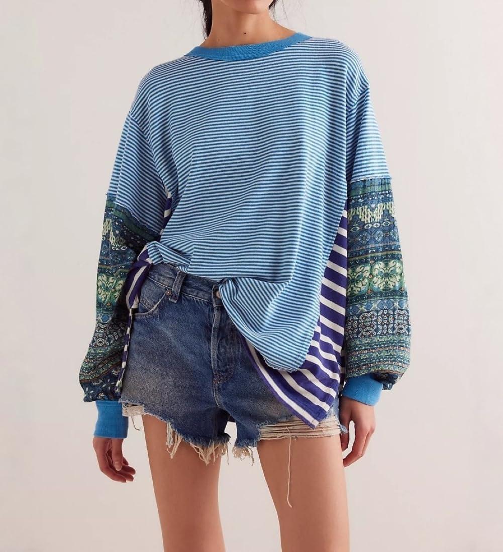 imageCHARTOU Women Floral Boho Stripes Patchwork Pullover Sweatshirt Oversized Long Sleeve Lightweight Sweatshirt TopBlue