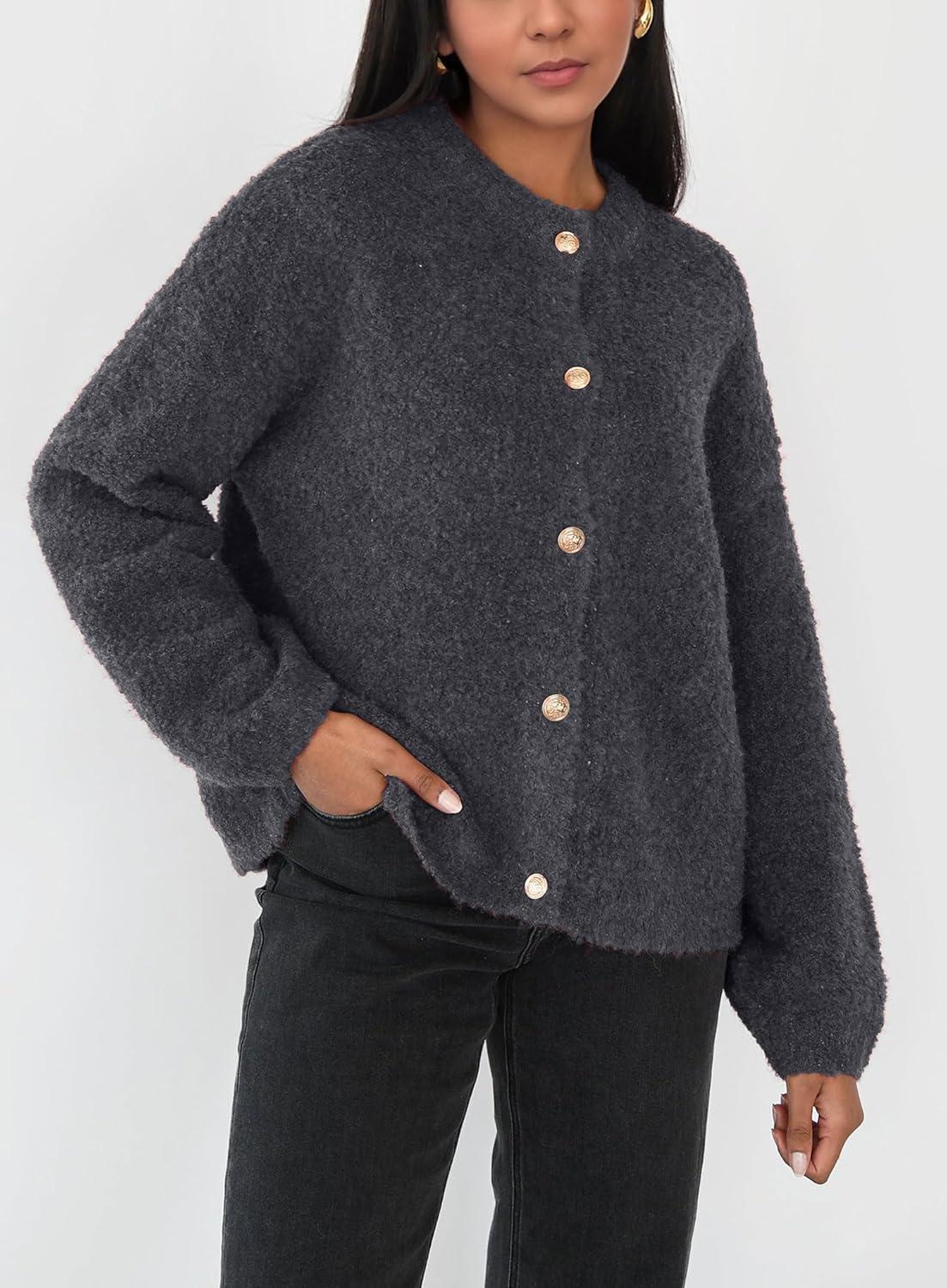 imageCHARTOU Women Fuzzy Knit Sweater Long Sleeve Crewneck Loose Open Front Cardigan TopsGrey