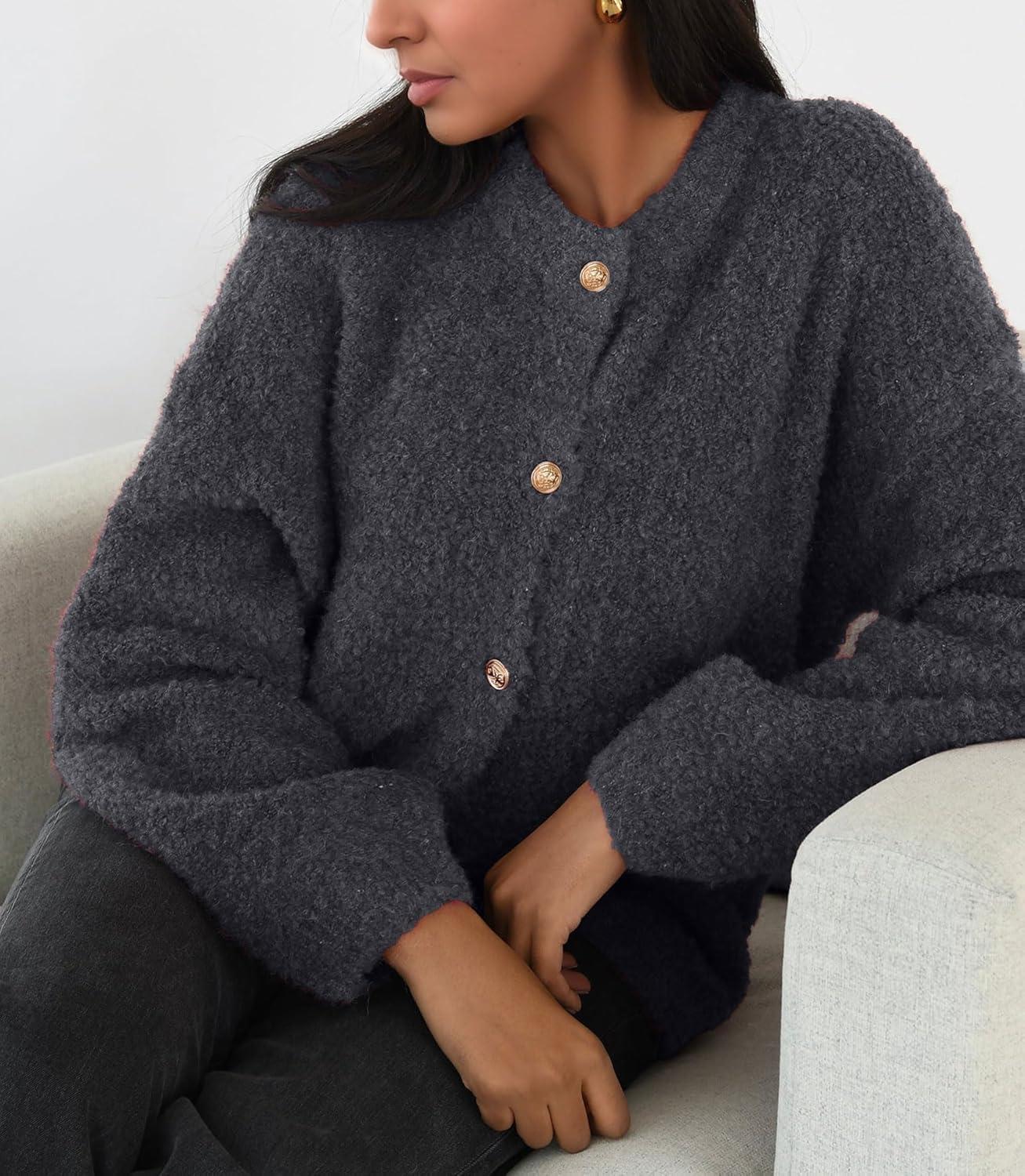 imageCHARTOU Women Fuzzy Knit Sweater Long Sleeve Crewneck Loose Open Front Cardigan TopsGrey