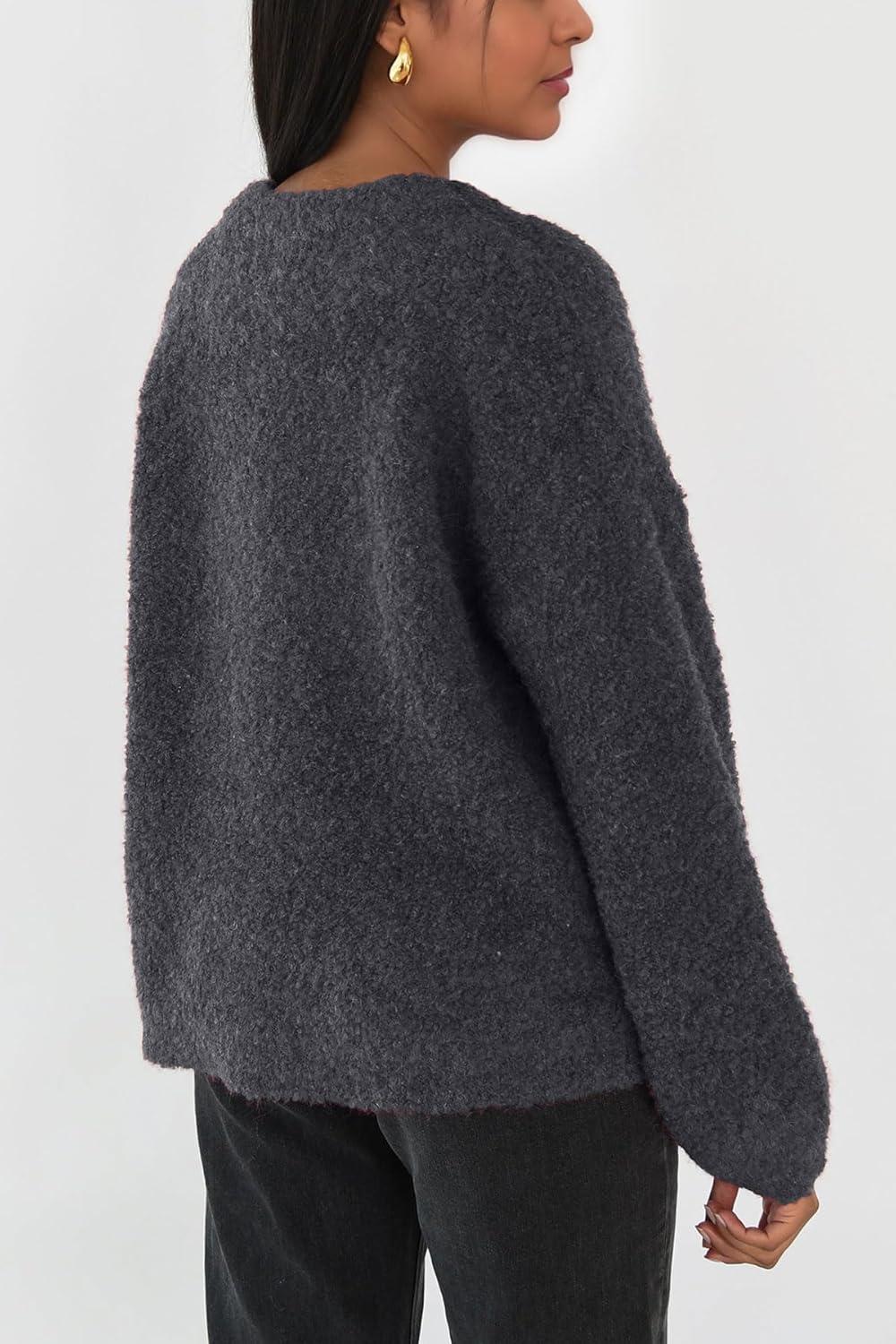 imageCHARTOU Women Fuzzy Knit Sweater Long Sleeve Crewneck Loose Open Front Cardigan TopsGrey