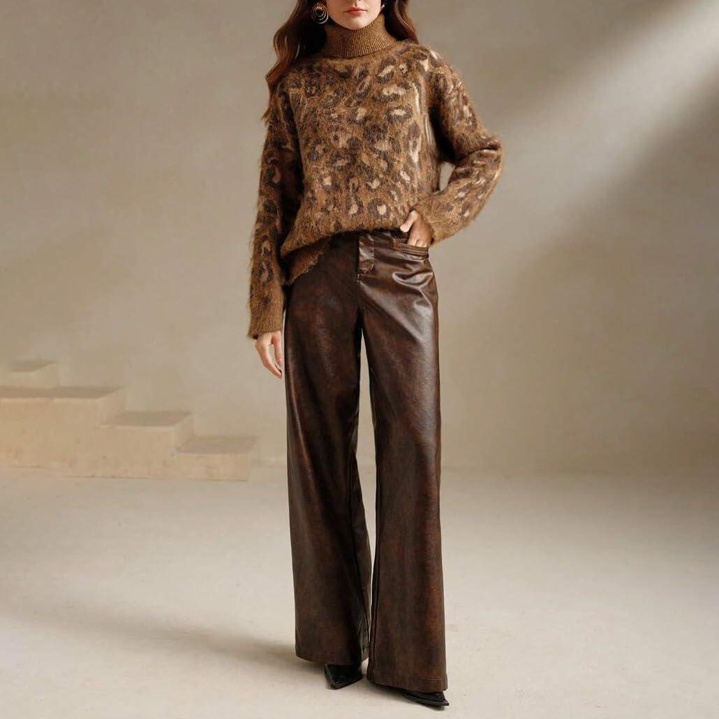 imageCHARTOU Women Fuzzy Leopard Knit Pullover Sweater Fall Winter Oversized Turtleneck Long Sleeve Jumper TopsBrown