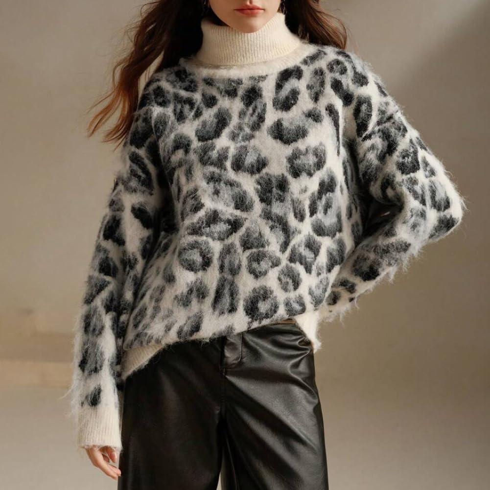 imageCHARTOU Women Fuzzy Leopard Knit Pullover Sweater Fall Winter Oversized Turtleneck Long Sleeve Jumper TopsWhite