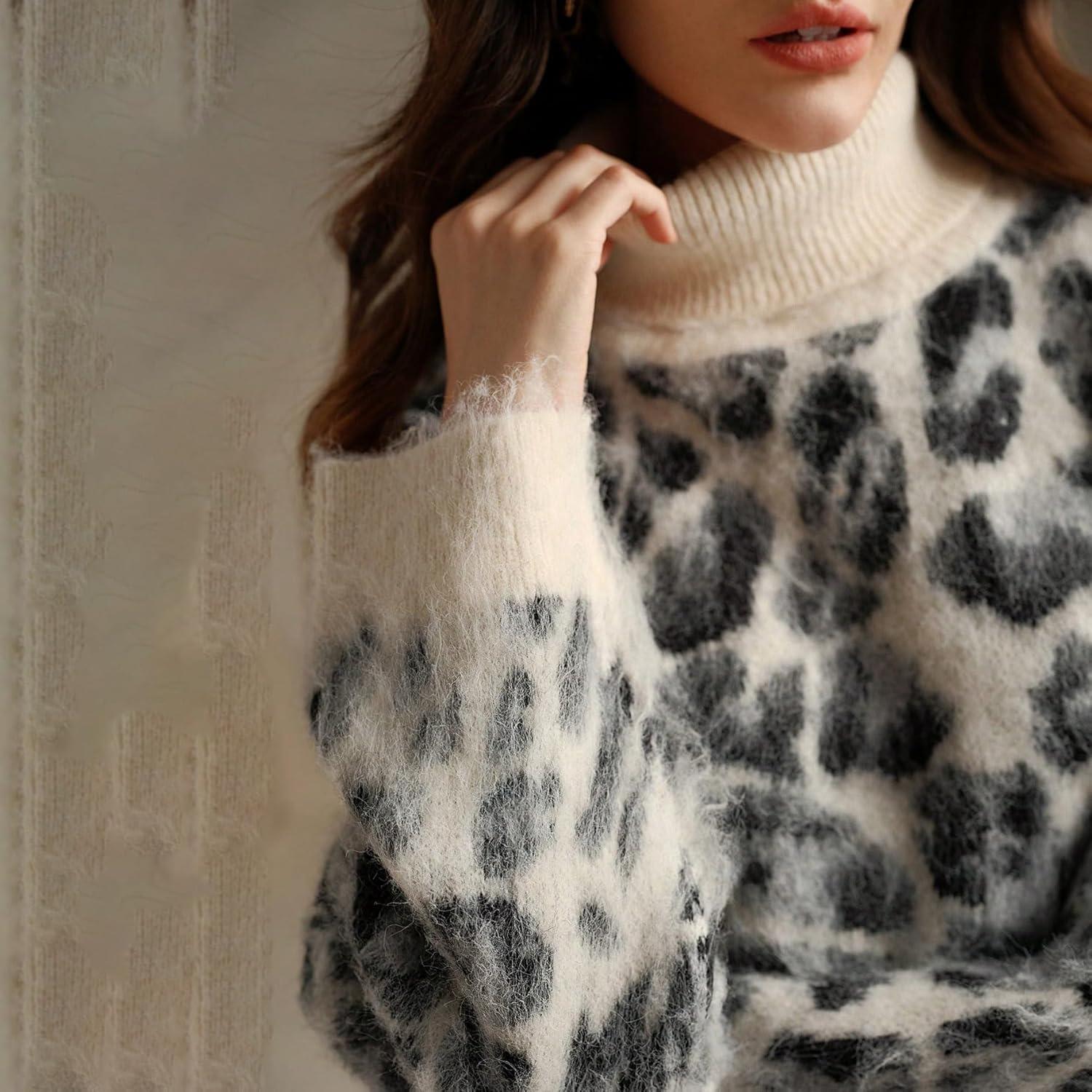 imageCHARTOU Women Fuzzy Leopard Knit Pullover Sweater Fall Winter Oversized Turtleneck Long Sleeve Jumper TopsWhite