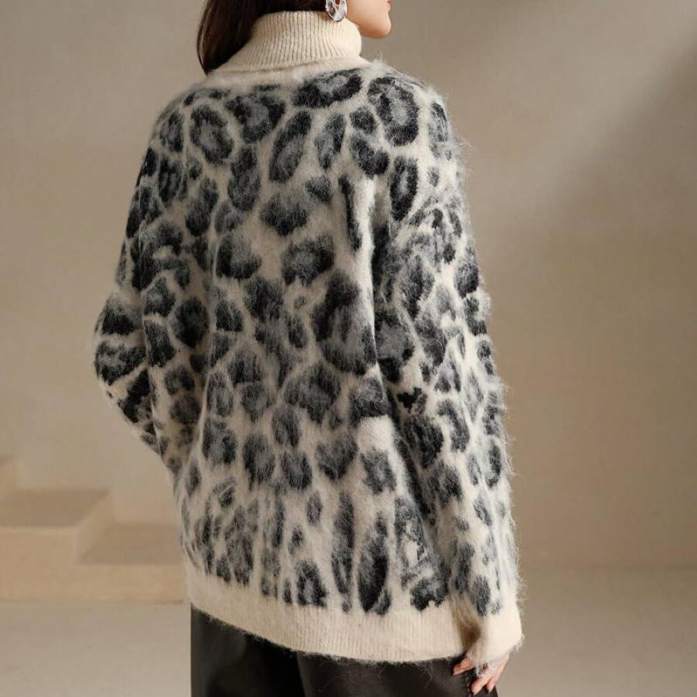 imageCHARTOU Women Fuzzy Leopard Knit Pullover Sweater Fall Winter Oversized Turtleneck Long Sleeve Jumper TopsWhite