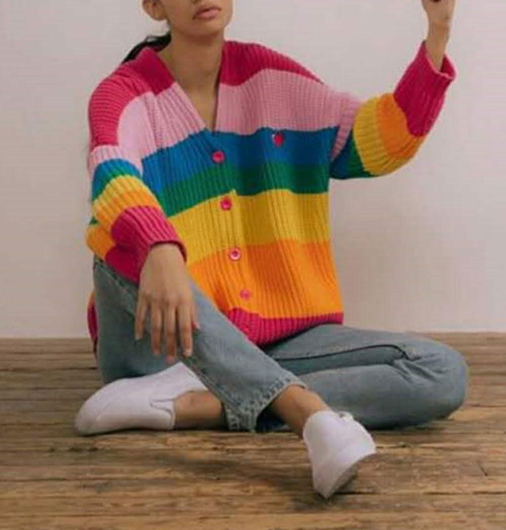 imageCHARTOU Women Rainbow Sweater Oversized Striped Color Block Open Front Cardigan Sweater TopsRainbow