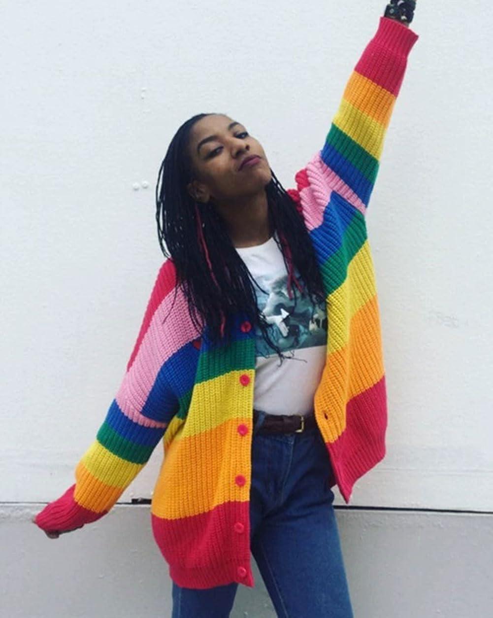 imageCHARTOU Women Rainbow Sweater Oversized Striped Color Block Open Front Cardigan Sweater TopsRainbow