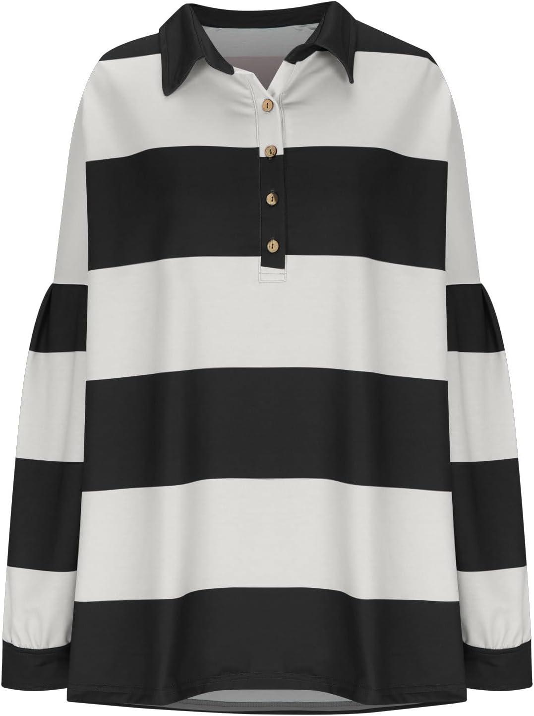 imageCHARTOU Women Spring Fall Stripes Pullover Sweatshirt Polo Collar Long Sleeve Oversized Pullover Shirt TopsBlack