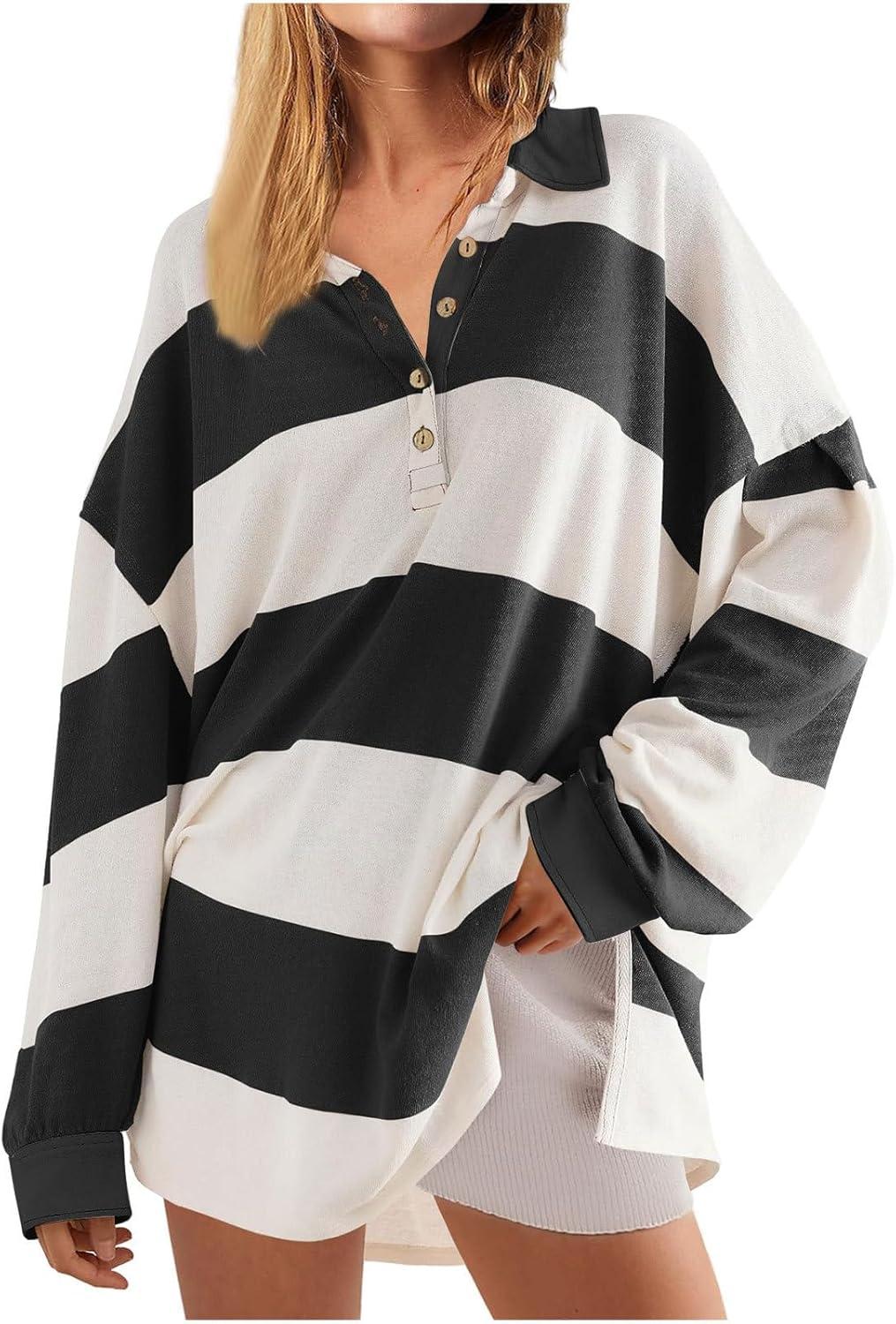 imageCHARTOU Women Spring Fall Stripes Pullover Sweatshirt Polo Collar Long Sleeve Oversized Pullover Shirt TopsBlack