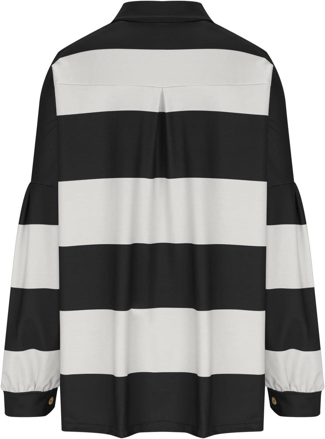 imageCHARTOU Women Spring Fall Stripes Pullover Sweatshirt Polo Collar Long Sleeve Oversized Pullover Shirt TopsBlack