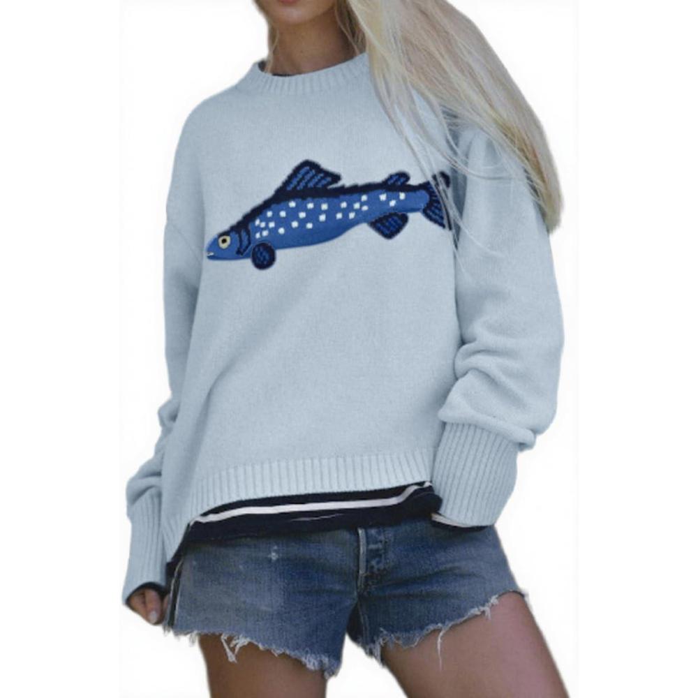 imageCHARTOU Women Fashion Crew Neck Rib Knit Crucian Carp Graphic Oversized Y2k Pullover Sweater JumperLight Blue