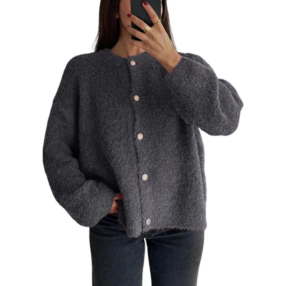 imageCHARTOU Women Fuzzy Knit Sweater Long Sleeve Crewneck Loose Open Front Cardigan TopsGrey