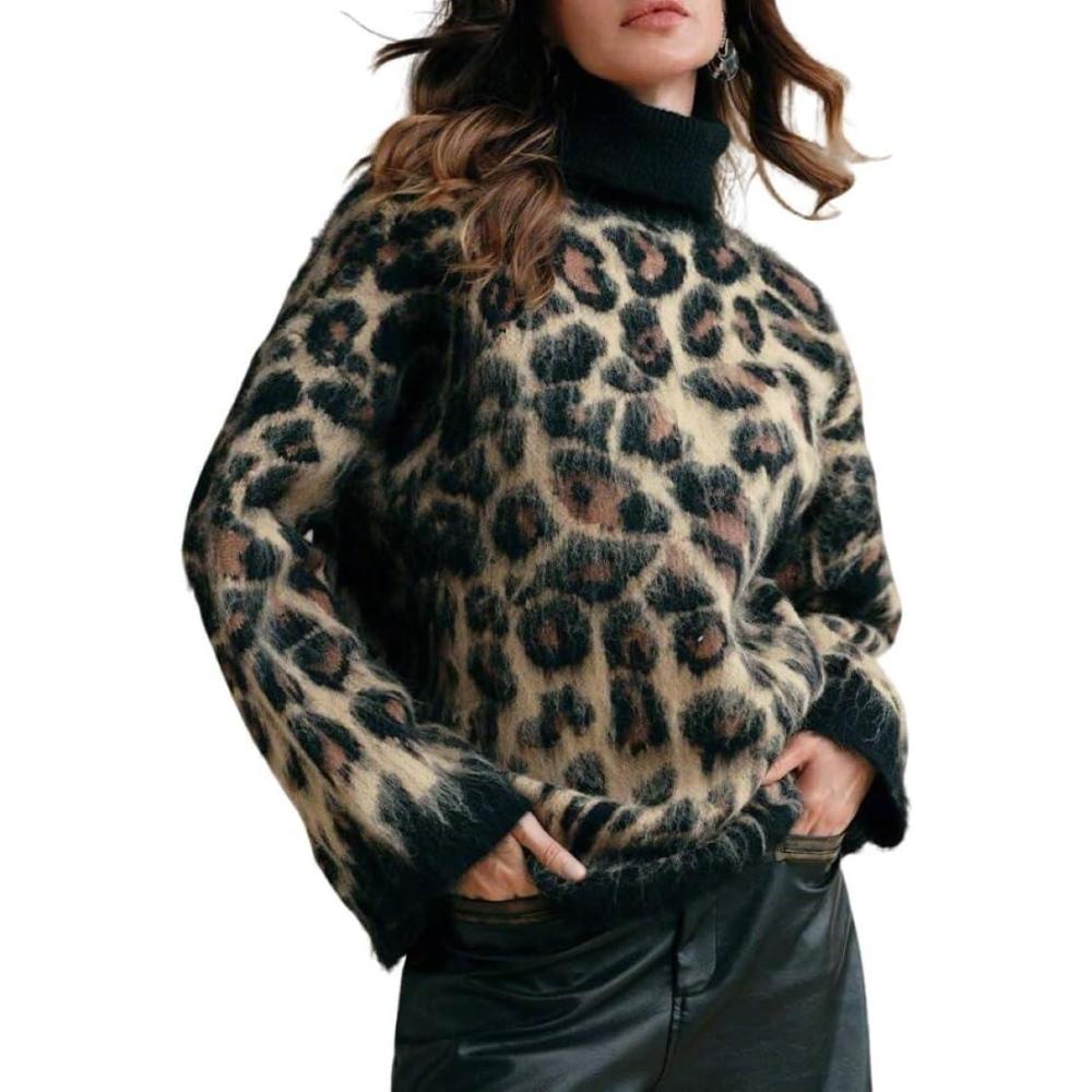 imageCHARTOU Women Fuzzy Leopard Knit Pullover Sweater Fall Winter Oversized Turtleneck Long Sleeve Jumper TopsBlack