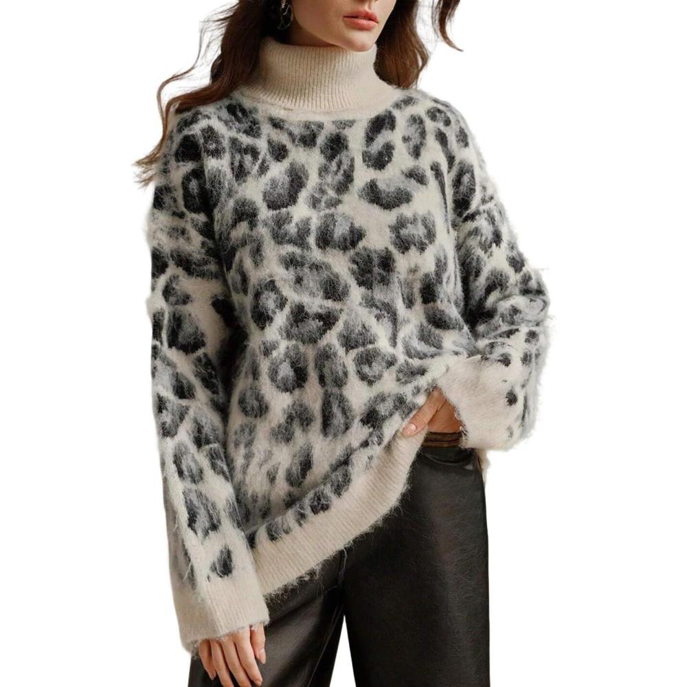 imageCHARTOU Women Fuzzy Leopard Knit Pullover Sweater Fall Winter Oversized Turtleneck Long Sleeve Jumper TopsWhite