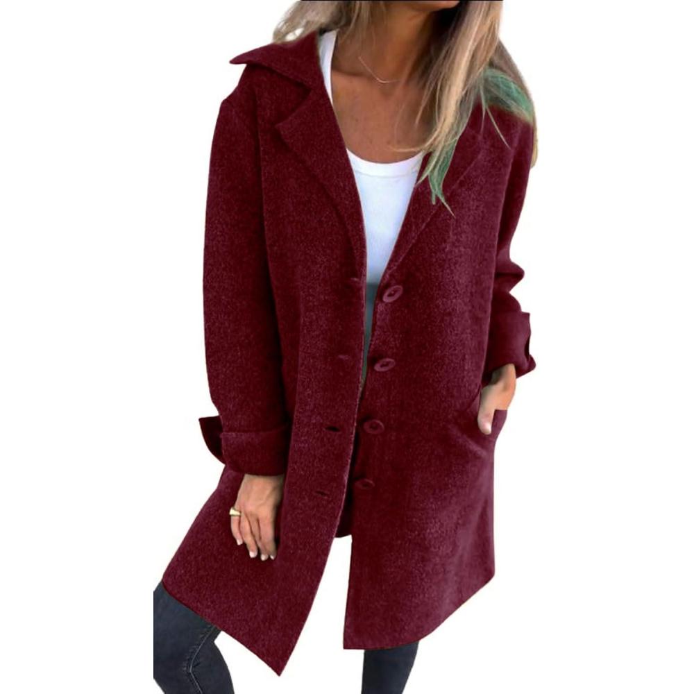 imageCHARTOU Women Long Cardigan Notched Collar Button Down Loose Fit Knit Blazer Sweater JacketWine