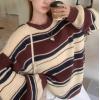 imageCHARTOU Women Color Block Sweater Preppy Style Chunky Knit Striped Pullover SweaterCoffee